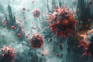 Hyper-realistic illustration of virus particles with detailed spikes amidst a cloudy environment, symbolizing outbreak and infection