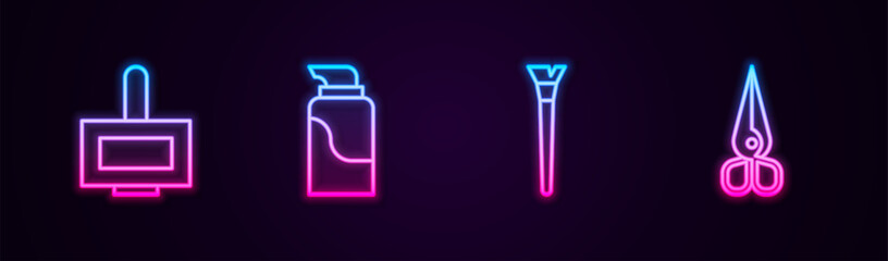 Sticker - Set line Nail polish bottle, Cream cosmetic tube, Makeup brush and Scissors. Glowing neon icon. Vector