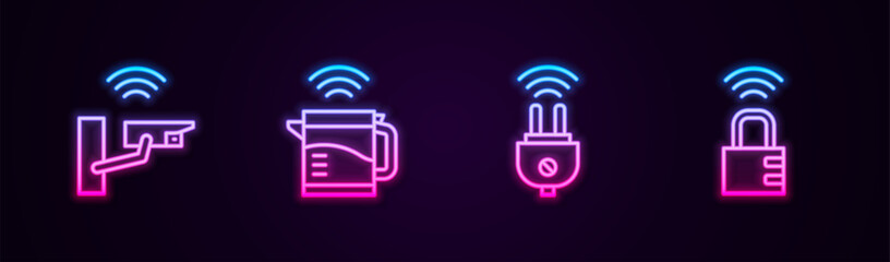 Canvas Print - Set line Smart security camera, electric kettle, plug and safe combination lock. Glowing neon icon. Vector