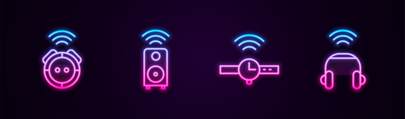 Poster - set line robot vacuum cleaner, smart stereo speaker, smartwatch and headphones. glowing neon icon. v