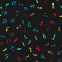 Poster - set line smart flasher siren, safe combination lock, light bulb and wireless mouse on seamless patte