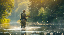 A Fly Fisherman Is Standing In The River, He Has His Line Out And Catching Some Fish