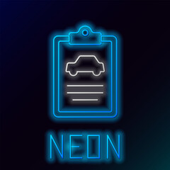 Poster - Glowing neon line Car inspection icon isolated on black background. Car service. Colorful outline concept. Vector