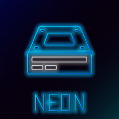 Poster - Glowing neon line Optical disc drive icon isolated on black background. CD DVD laptop tray drive for read and write data disc. Colorful outline concept. Vector