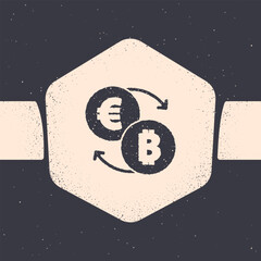 Poster - Grunge Cryptocurrency exchange icon isolated on grey background. Bitcoin to euro exchange icon. Cryptocurrency technology, mobile banking. Monochrome vintage drawing. Vector