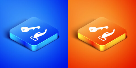 Wall Mural - Isometric House key icon isolated on blue and orange background. Square button. Vector