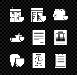 Poster - Set House with shield, Shopping building, Wallet and money, Tooth, Document graph chart, Clipboard checklist, Ship and icon. Vector