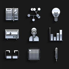 Fototapete - Set Assistant, Processor, Meteorology thermometer measuring, Pie chart infographic, Glasses, Electrical instruments, Light bulb with concept of idea and Notebook icon. Vector