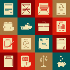 Poster - Set Piggy bank with coin, Confirmed document and check mark, Document graph chart, Mail e-mail, Ship shield, Wallet money, and Briefcase icon. Vector