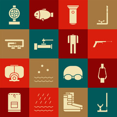 Poster - Set Snorkel, Carabiner, Fishing harpoon, Flashlight, Industry metallic pipes and valve, Diving belt, and Wetsuit for scuba diving icon. Vector