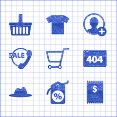 Poster - Set Shopping cart, Discount percent tag, Paper check and financial check, Page with 404 error, Man hat ribbon, Telephone 24 hours support, Create account screen and basket icon. Vector