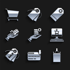 Poster - Set Human hand holding with blank receipt or bill for payment, Paper shopping bag, Shopping cart on screen computer, Price tag inscription Sale, credit, Blank label template price and icon. Vector