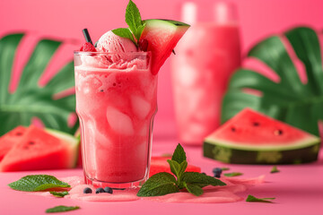 Wall Mural - glass of pink watermelon juice with a mint leaf on top. There are also two other glasses of watermelon juice on the table. Summer food and drinks mockup with a watermelon slice, ice cream, cold drink