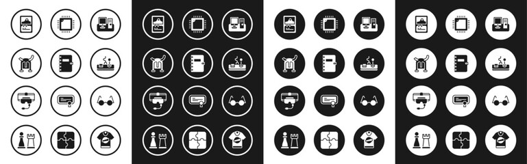 Sticker - Set Monitor with keyboard, Spiral notebook, Viking in horned helmet, Card game, Gamepad, Processor CPU, Eyeglasses and Virtual reality icon. Vector