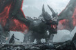 Brave figure stands against a ferocious dragon amidst a foggy, foreboding terrain