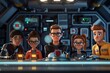 Digital illustration of a diverse team of animated astronauts in a futuristic spaceship bridge