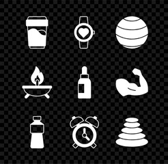 Wall Mural - Set Glass with water, Smart watch, Fitness ball, Bottle of, Alarm clock, Stack hot stones, Aroma candle and Essential oil bottle icon. Vector