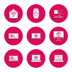 Poster - Set Laptop with smart home with wi-fi, house under protection, Computer monitor and light bulb, Mobile phone, Smart and icon. Vector