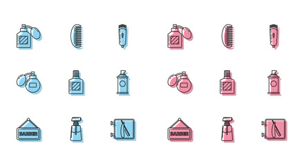 Canvas Print - Set line Barbershop, Cream or lotion cosmetic tube, Aftershave, with razor, Shaving gel foam, and Hairbrush icon. Vector