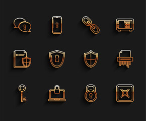 Sticker - Set line Key, Laptop and lock, Protection of personal data, Lock, Safe, Shield with keyhole, Paper shredder confidential and icon. Vector