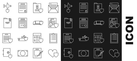 Wall Mural - Set line Heart with shield, Clipboard checklist, Document key, Filled form, Personal folder, Plane and Delivery cargo truck icon. Vector