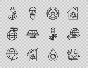 Sticker - Set line Earth globe and leaf, Recharging, Wind turbine, Tag with recycle symbol, Electric saving plug, Solar energy panel, Recycle clean aqua and Human hands holding icon. Vector