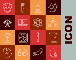 Sticker - Set line Water drop, Laboratory glassware or beaker, Bacteria, Test tube and flask chemical, on laptop, Biohazard symbol, Radioactive in shield and Atom icon. Vector