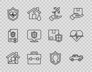 Canvas Print - Set line House, Car, Plane in hand, Briefcase, Life insurance with shield, Location, and icon. Vector