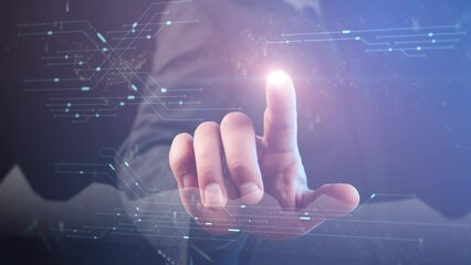 Poster - Against the background of a male silhouette with a light point on his finger, graphs and diagrams with a world map are moving. Cg