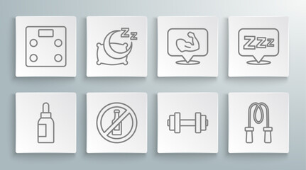 Wall Mural - Set line Essential oil bottle, Time to sleep, No alcohol, Dumbbell, Jump rope, Bodybuilder muscle, Sleepy and Bathroom scales icon. Vector