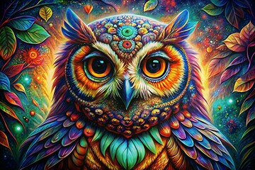  colorful painting with beautiful owl on abstract background, Colorful painting..