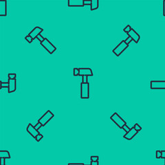 Wall Mural - Blue line Hammer icon isolated seamless pattern on green background. Tool for repair. Vector