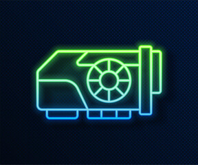 Poster - Glowing neon line Video graphic card icon isolated on blue background. Vector