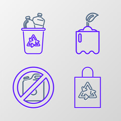 Poster - Set line Plastic bag with recycle, No canister for gasoline, Sprout bottle and Recycle bin symbol icon. Vector