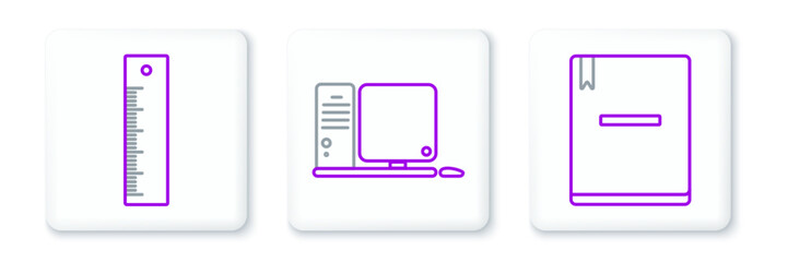 Poster - Set line Notebook, Ruler and Computer monitor with keyboard and mouse icon. Vector