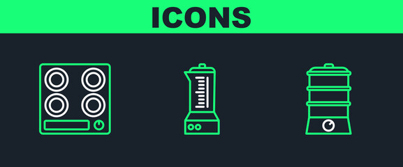 Poster - Set line Double boiler, Gas stove and Blender icon. Vector
