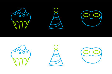 Sticker - Set line Festive mask, Muffin and Party hat icon. Vector