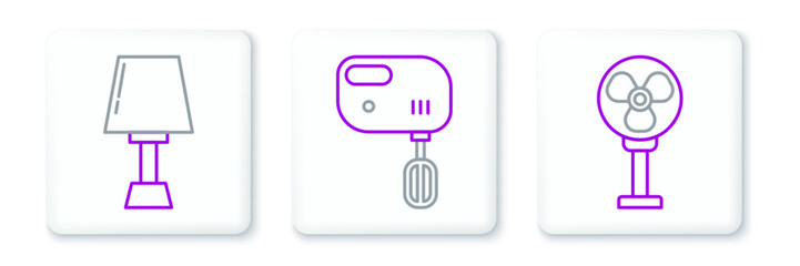 Poster - Set line Electric fan, Table lamp and mixer icon. Vector