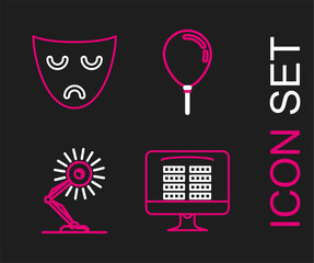 Poster - Set line Buy cinema ticket online, Table lamp, Balloon with ribbon and Drama theatrical mask icon. Vector