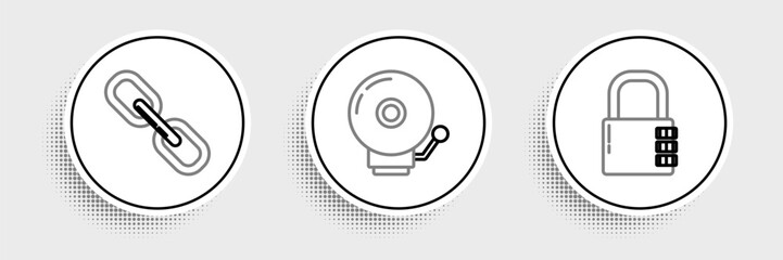 Poster - Set line Safe combination lock, Chain link and Ringing alarm bell icon. Vector