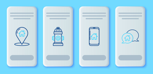Poster - set line fire hydrant, mobile phone with smart home, map pointer house and house building speech bub