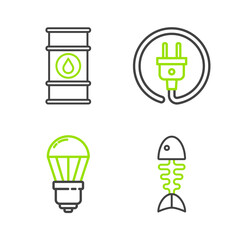 Poster - set line fish skeleton, led light bulb, electric plug and oil barrel line icon. vector