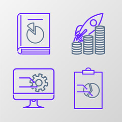Poster - set line clipboard with graph chart, computer monitor, rocket flying up coins growth and user manual