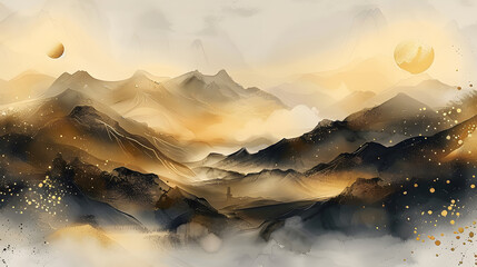 artistic background, landscape painting, chinese style, mood landscape painting, golden texture. ink