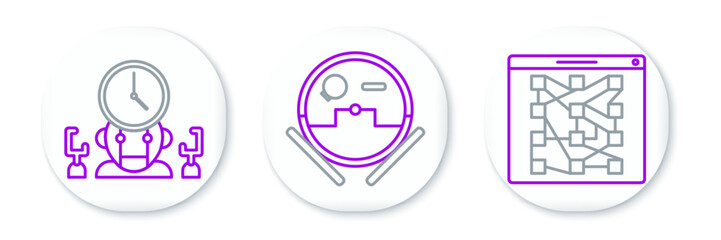 Poster - Set line Global technology or social network, Robot and digital time manager and vacuum cleaner icon. Vector