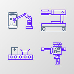 Sticker - Set line Mechanical robot hand and screwdriver, Conveyor belt with cardboard box, Robot and Industrial machine robotic arm icon. Vector