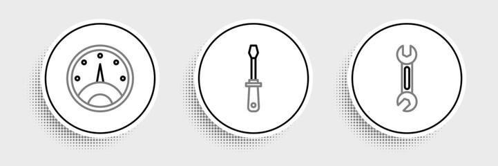 Poster - Set line Wrench, Speedometer and Screwdriver icon. Vector