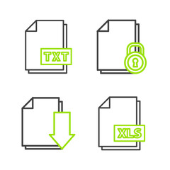 Sticker - Set line XLS file document, Document with download, and lock and TXT icon. Vector