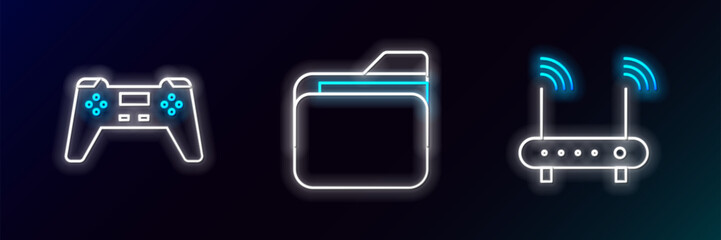 Poster - Set line Router and wi-fi signal, Gamepad and Document folder icon. Glowing neon. Vector