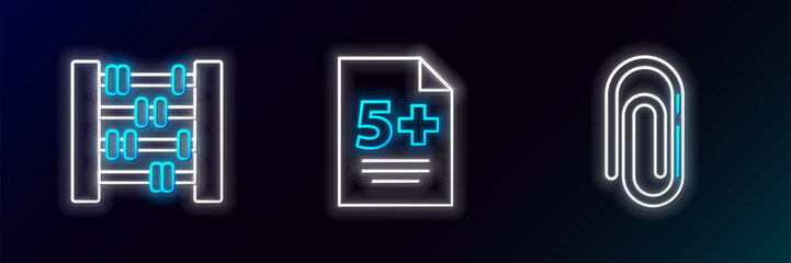 Poster - Set line Paper clip, Abacus and Test or exam sheet icon. Glowing neon. Vector